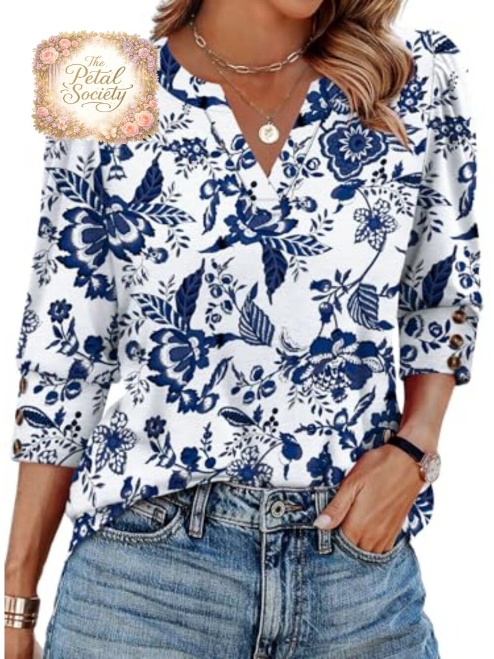 Womens 3/4 Sleeve V Neck Blouse Button Cuffs Business Casual Top